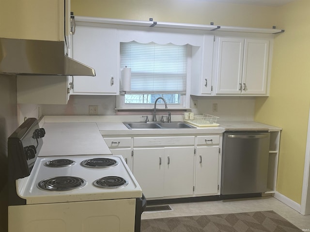 kitchen with dishwasher, white range with electric cooktop, sink, range hood, and white cabinetry