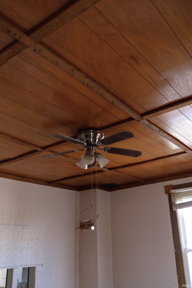 details with ceiling fan and wood ceiling