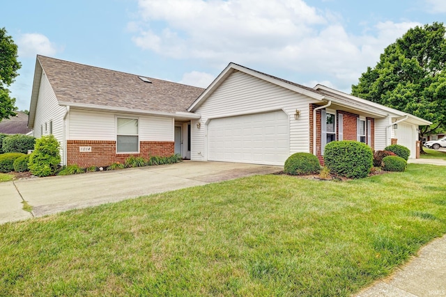 single story home with a garage and a front lawn