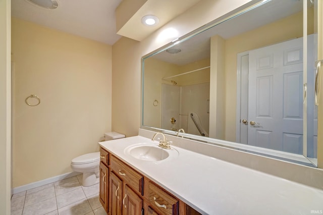 bathroom with tile patterned flooring, vanity, toilet, and a shower