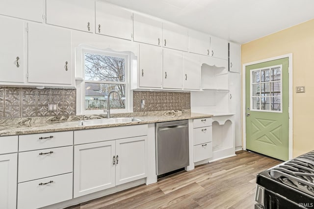 kitchen with sink, white cabinets, stainless steel dishwasher, and light hardwood / wood-style flooring