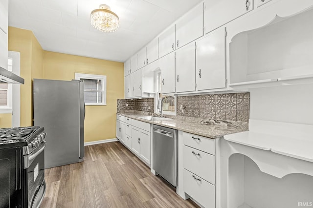 kitchen featuring tasteful backsplash, stainless steel appliances, sink, white cabinets, and light hardwood / wood-style floors