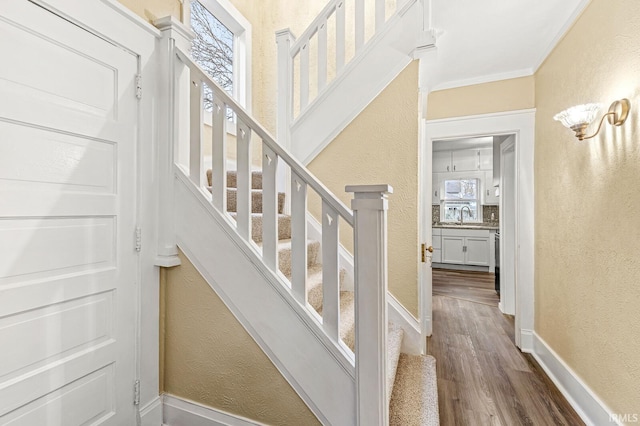 stairway featuring hardwood / wood-style floors, sink, and crown molding