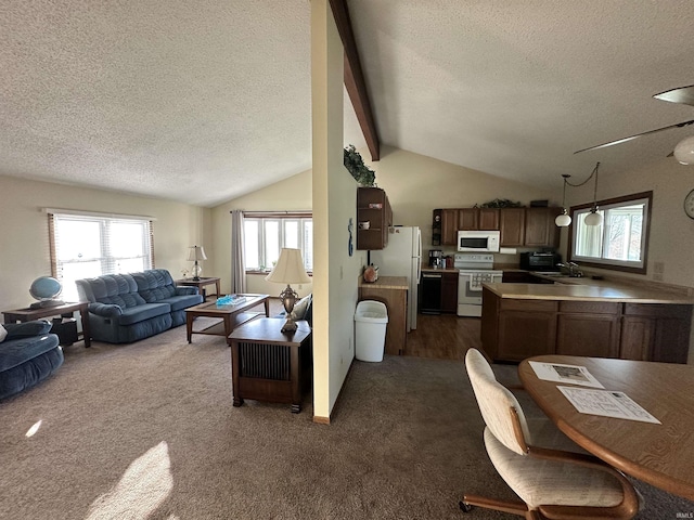 interior space featuring a textured ceiling, sink, and vaulted ceiling