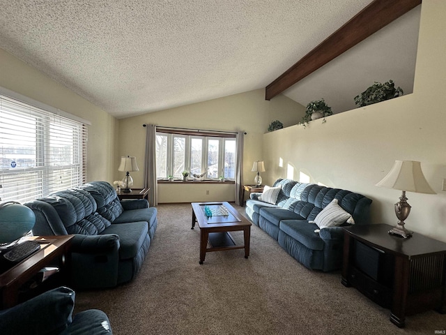 carpeted living room with lofted ceiling with beams, a healthy amount of sunlight, and a textured ceiling