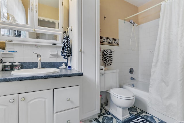 full bathroom featuring toilet, vanity, shower / tub combo with curtain, and tile walls