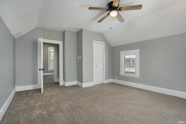 additional living space with a textured ceiling, carpet, and vaulted ceiling