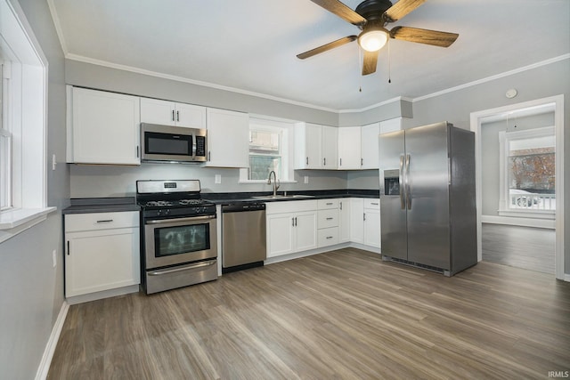 kitchen featuring hardwood / wood-style floors, white cabinets, crown molding, sink, and appliances with stainless steel finishes