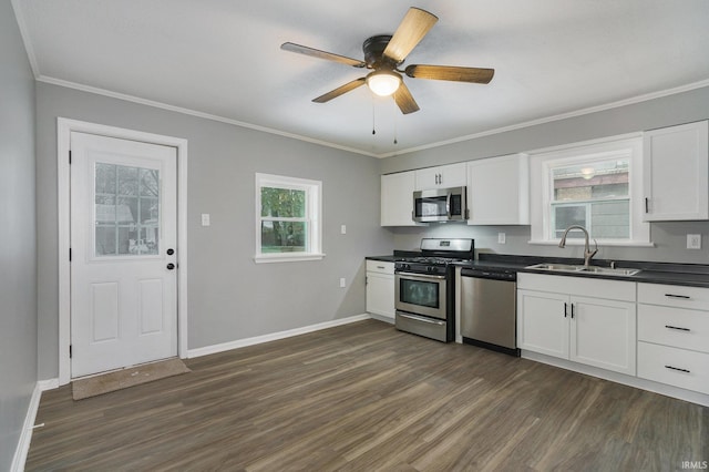 kitchen with dark hardwood / wood-style floors, sink, white cabinetry, and stainless steel appliances