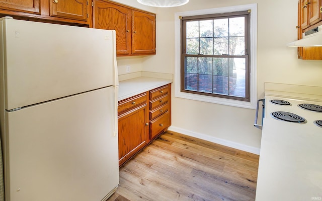 kitchen with white refrigerator, range, and light hardwood / wood-style floors