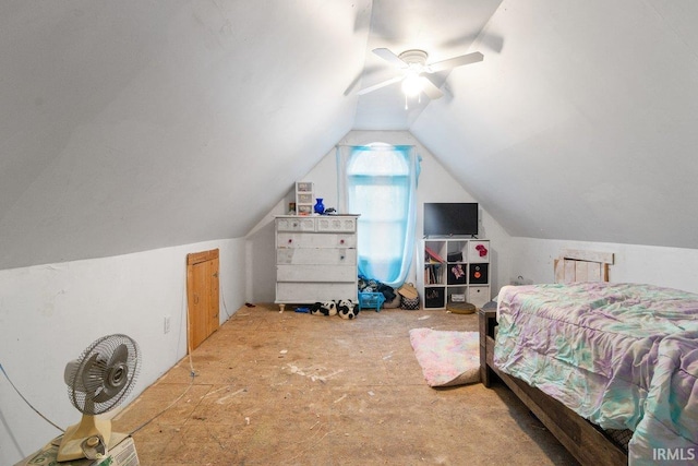 bedroom featuring vaulted ceiling and ceiling fan