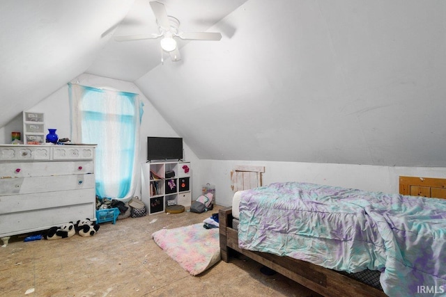 bedroom featuring ceiling fan and lofted ceiling