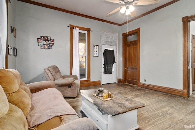 living room featuring ceiling fan, crown molding, and light hardwood / wood-style flooring