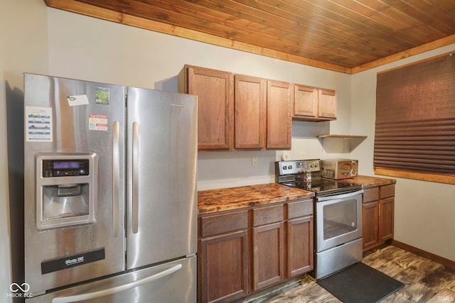 kitchen featuring stainless steel appliances, dark hardwood / wood-style floors, and wooden ceiling