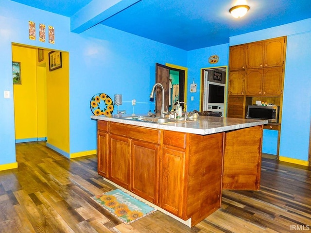 kitchen featuring dark hardwood / wood-style flooring, a kitchen island with sink, and sink