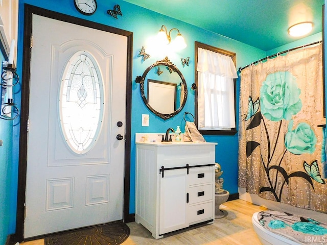 bathroom featuring vanity, wood-type flooring, and toilet