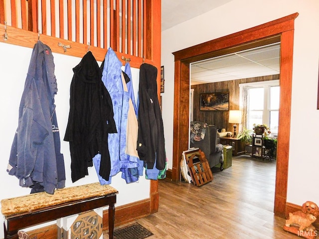 mudroom featuring wood walls and wood-type flooring