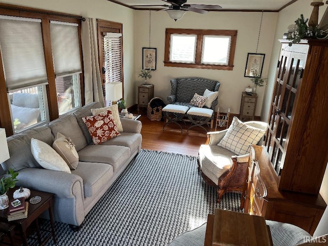 living room featuring ceiling fan and dark wood-type flooring