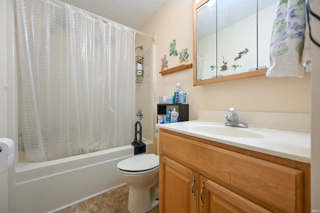 full bathroom with vanity, tile patterned floors, toilet, shower / bathtub combination with curtain, and a textured ceiling