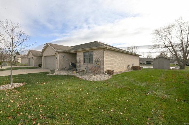 view of front facade with a front yard, a garage, and a storage unit