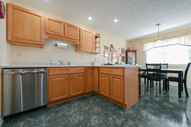 kitchen with kitchen peninsula, stainless steel dishwasher, a textured ceiling, sink, and hanging light fixtures