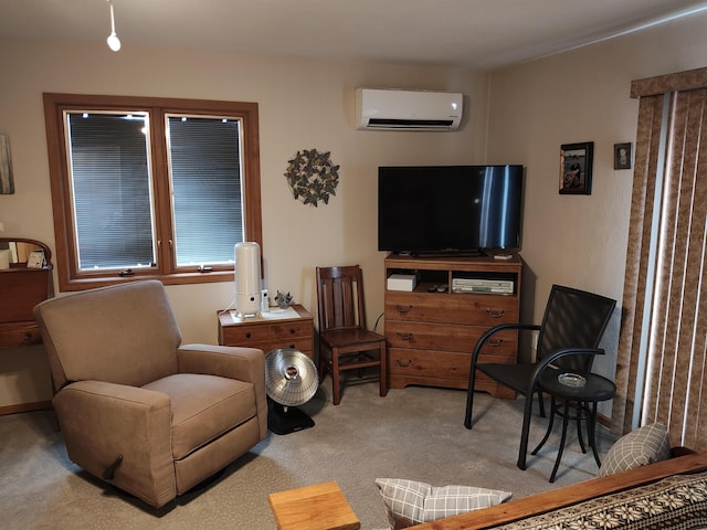 living room with an AC wall unit and light colored carpet