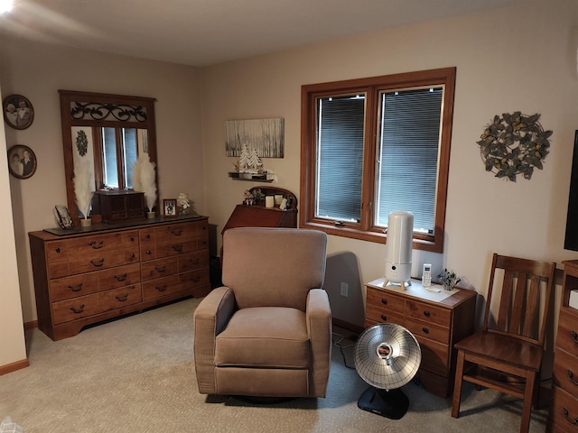 living area featuring light carpet