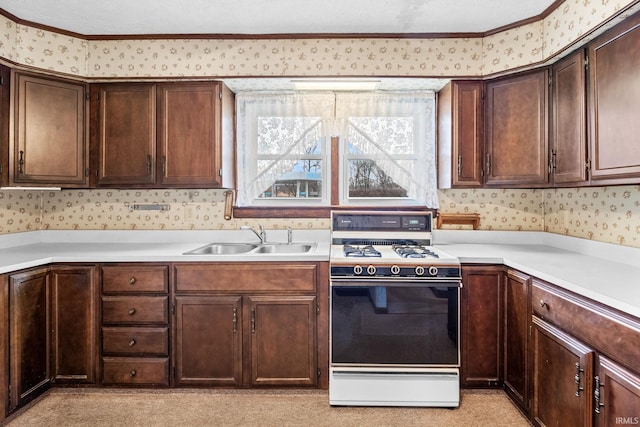 kitchen with light carpet, white gas range oven, dark brown cabinets, a textured ceiling, and sink