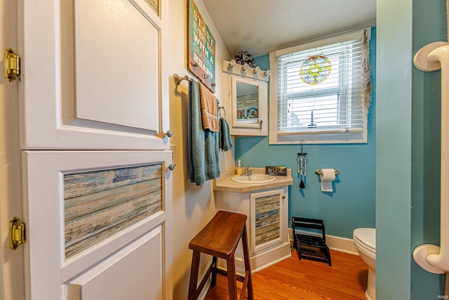 bathroom with vanity, toilet, and wood-type flooring