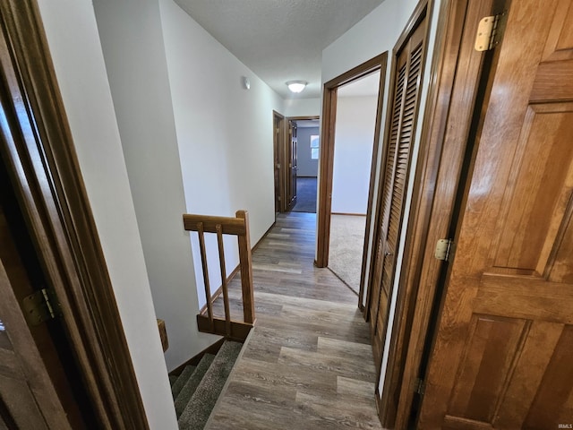 corridor with wood-type flooring and a textured ceiling