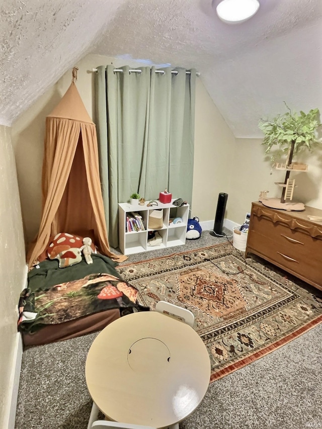 interior space with a textured ceiling, carpet floors, and vaulted ceiling