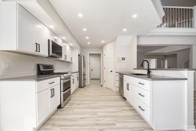 kitchen with white cabinets, sink, decorative backsplash, appliances with stainless steel finishes, and light hardwood / wood-style floors