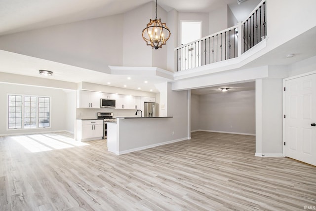 unfurnished living room featuring a notable chandelier, light wood-type flooring, sink, and high vaulted ceiling