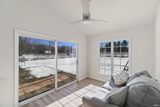 interior space featuring ceiling fan, light hardwood / wood-style floors, and lofted ceiling