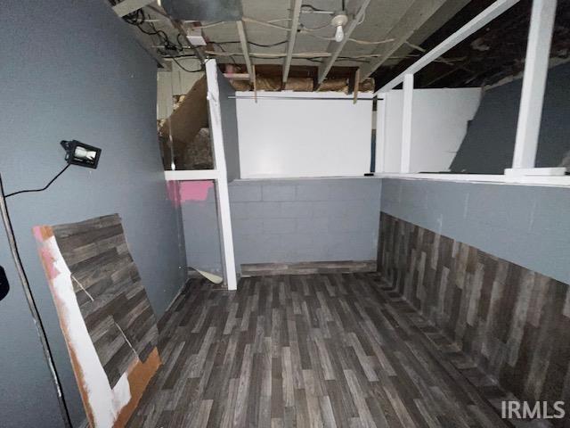 basement with dark hardwood / wood-style flooring