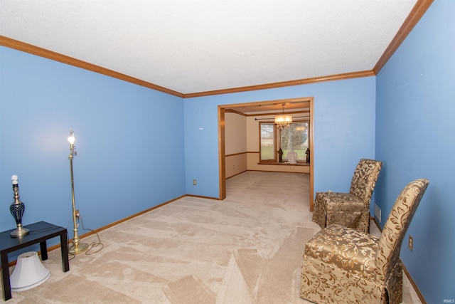 living area with light carpet, crown molding, and a notable chandelier