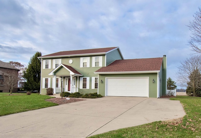 colonial house with a front lawn and a garage