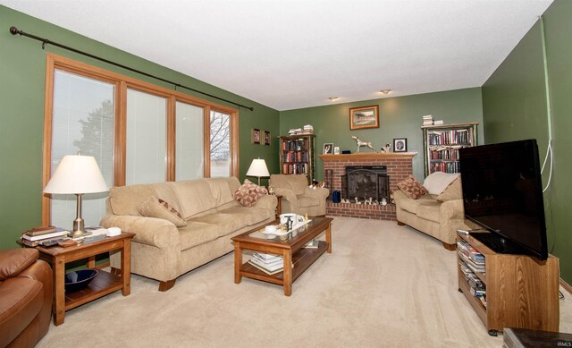 carpeted living room with a fireplace