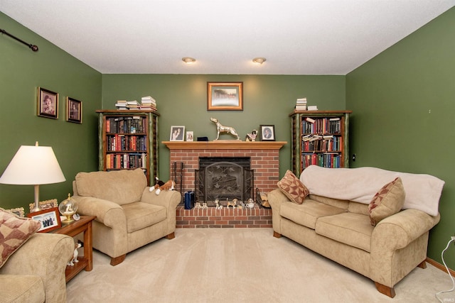 carpeted living room featuring a fireplace