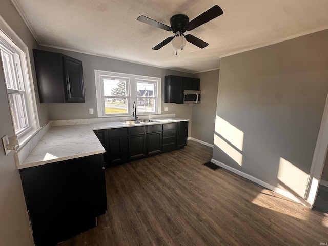 kitchen with sink, dark wood-type flooring, ceiling fan, and crown molding