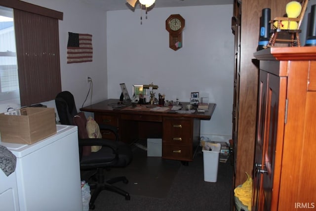 carpeted office with washer / clothes dryer and ceiling fan