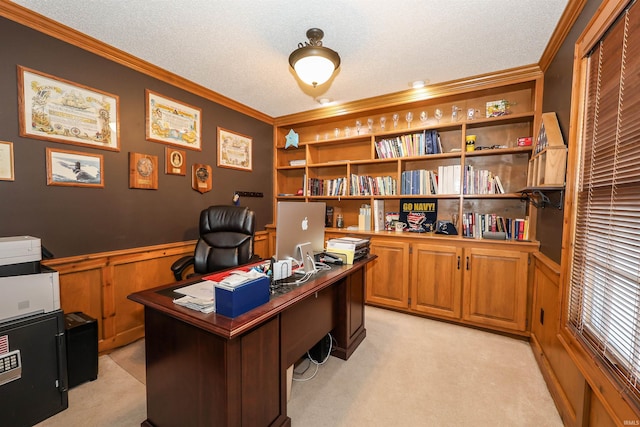 office area with light colored carpet, ornamental molding, and a textured ceiling