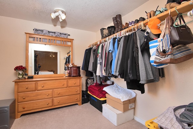 spacious closet featuring light colored carpet