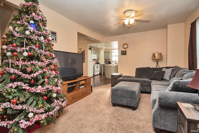 carpeted living room with ceiling fan and a textured ceiling