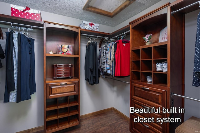 spacious closet with dark hardwood / wood-style floors