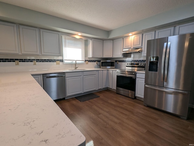 kitchen featuring sink, dark wood-type flooring, tasteful backsplash, gray cabinets, and appliances with stainless steel finishes