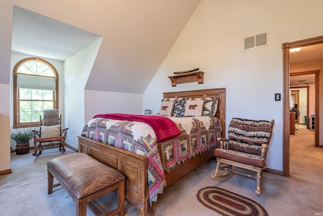 bedroom featuring carpet, lofted ceiling, and a textured ceiling