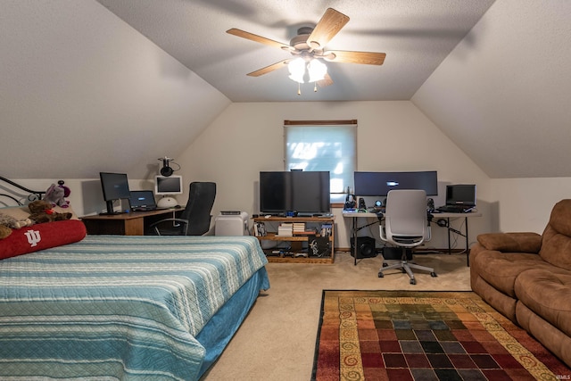 carpeted bedroom featuring ceiling fan, lofted ceiling, and a textured ceiling