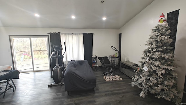 exercise area featuring lofted ceiling and dark wood-type flooring