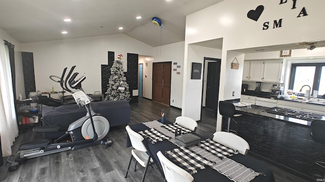 interior space with elevator, dark hardwood / wood-style flooring, sink, and high vaulted ceiling